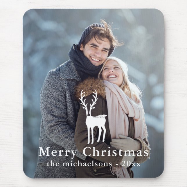 Rustikales Weißes Hirsch Weihnachtsfest Foto Mousepad (Vorne)