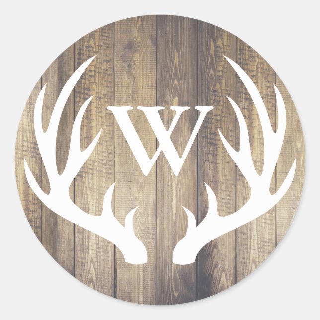 Rustikales Weißes Hirschgewehrholz | Monogramm Runder Aufkleber (Vorderseite)