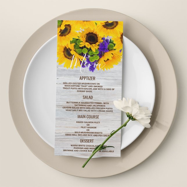 Rustikales, weißes Holzsonnenblütenmenü Programm (Rustic white wood sunflower floral Wedding Menu)