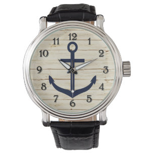 Rustikales weißes Imitat hölzern mit Anker Armbanduhr