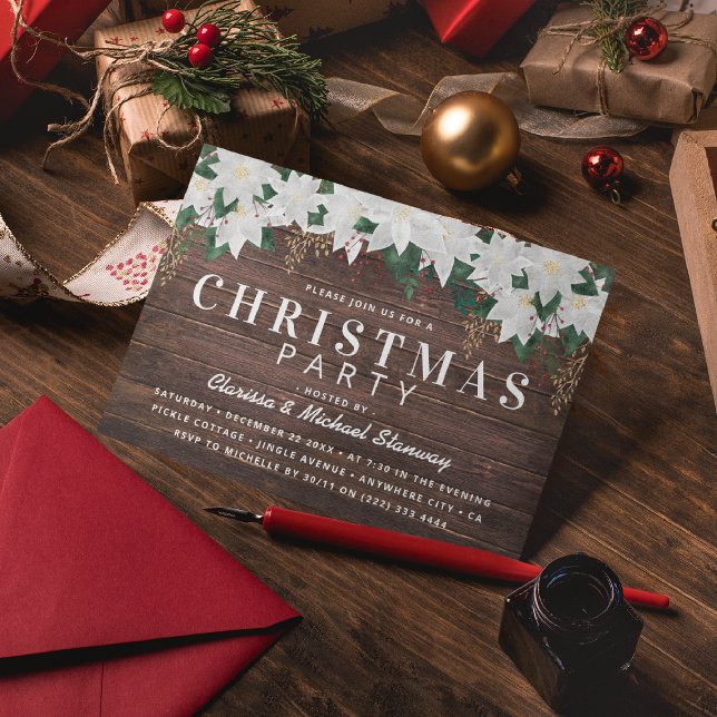Rustikales Weißes Poinsietta Festliches Weihnachts Einladung (Von Creator hochgeladen)