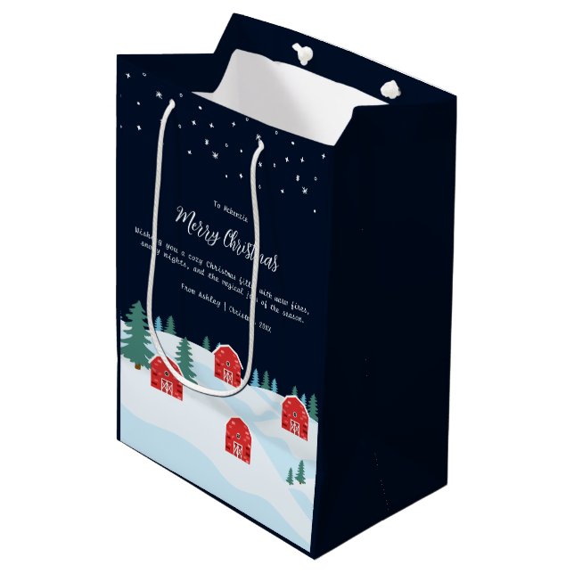 Rustikales weißes Weihnachten Mittlere Geschenktüte (Vorderseite Schrägansicht)