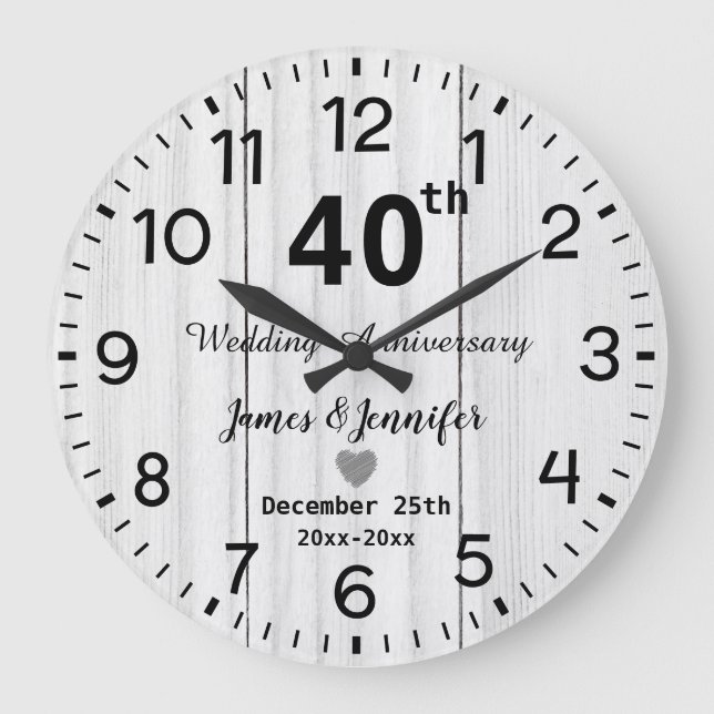 Rustikales Weißholz 40. Hochzeitstag Maßstab Große Wanduhr (Vorderseite)