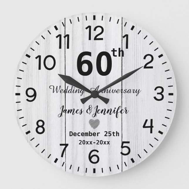 Rustikales Weißholz 60. Hochzeitstag Maßstab Große Wanduhr (Vorderseite)