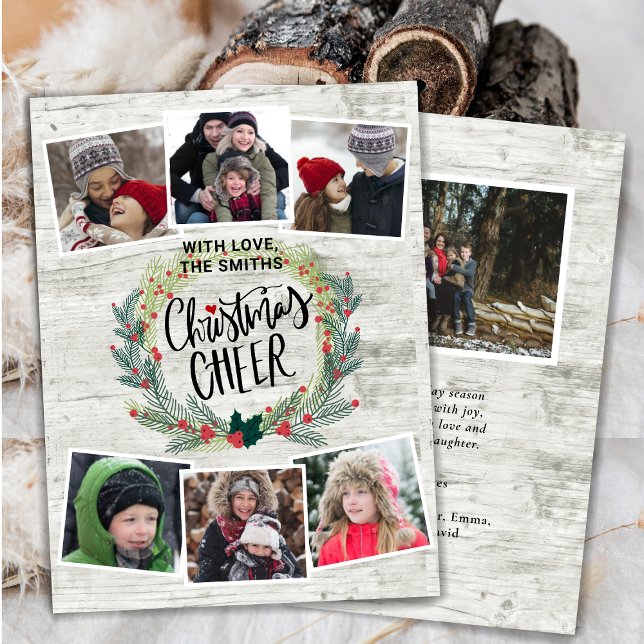 Rustikales Weißholz-Foto Collage Blumenreath Feiertagskarte (Von Creator hochgeladen)