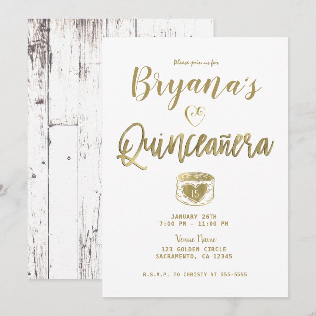 Rustikales Weißholz Gold 15 Quinceañera Einladung (Vorne/Hinten)