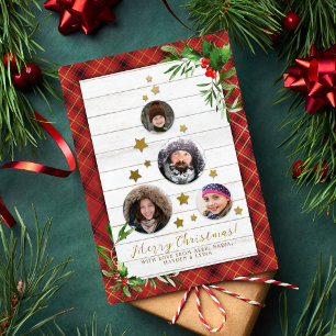 Rustikales Weißholz & Karierter Weihnachtsbaum 4 F Feiertagskarte