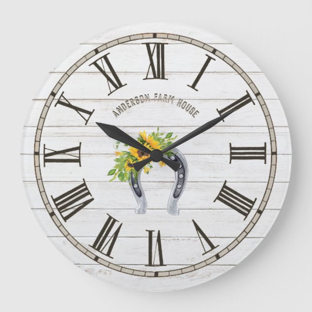 Rustikales Weißholz Sonnenblumen Horseshoe Große Wanduhr (Vorderseite)