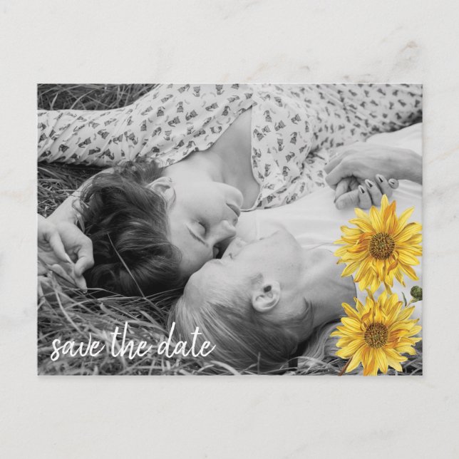 Rustikales Weißholz Sonnenblumen Save the Date Ankündigungspostkarte (Vorderseite)