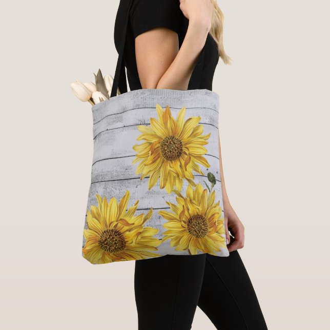 Rustikales Weißholz Sonnenblumen Tote Tasche (Von Nahem)