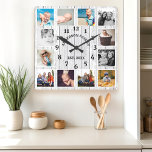 Rustikales Weißholzhaus 12 FotoCollage Quadratische Wanduhr<br><div class="desc">Rustikales weißes Holzhaus 12 Foto Collage Square Wall Clock. Große schöne rustikale weiße Scheune Vintages Holz personalisierten Familiennamen Jahr etablierte Wand Dekoration Uhr. Die perfekte Holzbank aus Holz für Zuhause oder Küche.</div>