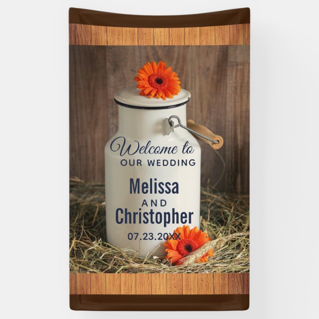 Rustikales Weißmilch Jug mit Blume Hochzeitsempfan Banner (Vertikal)