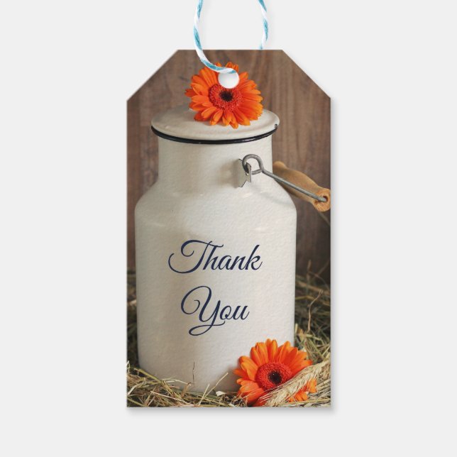 Rustikales Weißmilch Jug mit Blume Vielen Dank Geschenkanhänger (Vorderseite)