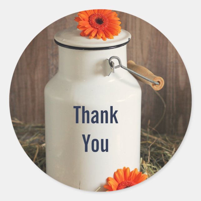 Rustikales Weißmilch Jug mit Blume Vielen Dank Runder Aufkleber (Vorderseite)