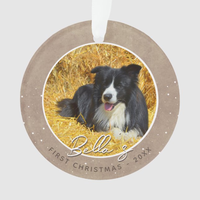 Rustikales Welpen Erster Weihnachtshund Foto Ornament (Vorderseite)