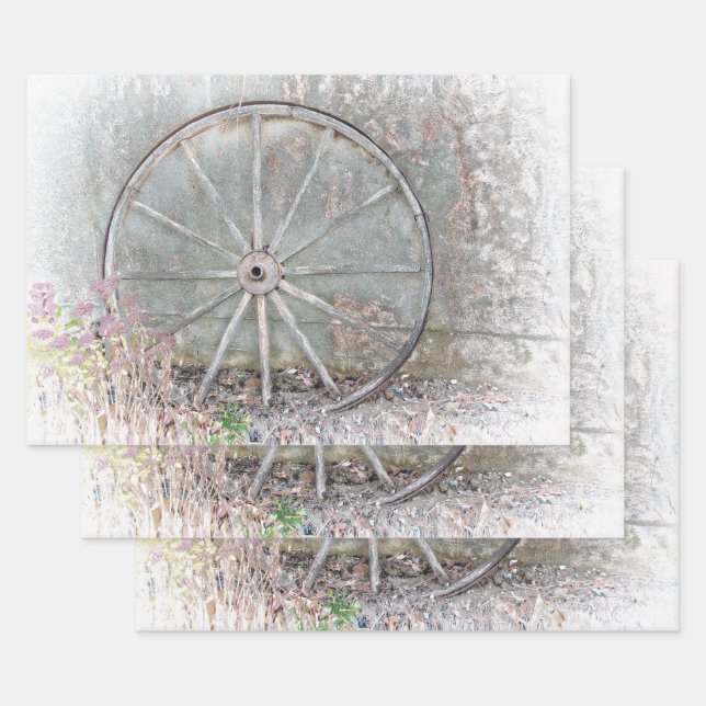 Rustikales Western Graues, gerötetes Wagenrad Geschenkpapier Set (Set)