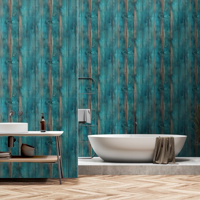 Rustikales, wetterfestes, hellblaues Holz Tapete (Badezimmer)