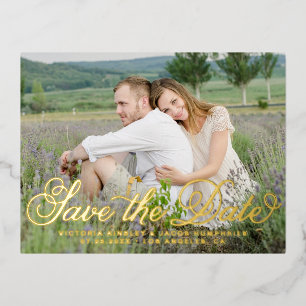 Rustikales Whimsikskript-Foto Save the Date Folie Einladungspostkarte