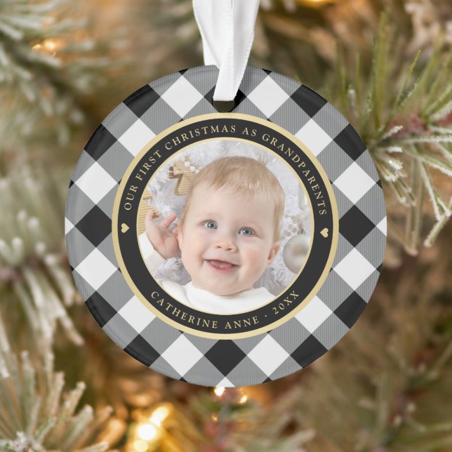 Rustikales White Black Kariert First Großeltern Fo Ornament (Baum)