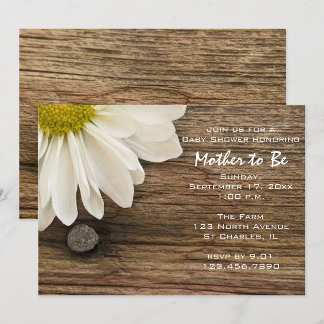 Rustikales White Daisy und Barn Wood Baby Dusche Einladung (Vorne/Hinten)