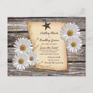 Rustikales White Daisy Western Hochzeit retten Dat Ankündigungspostkarte