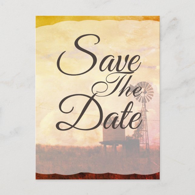 Rustikales Windmühle-Land Hochzeit Save the Date Ankündigungspostkarte (Vorderseite)