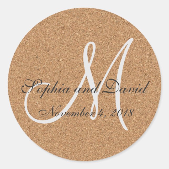 Rustikales Wine Cork Wedding Monogram Runder Aufkleber (Vorderseite)