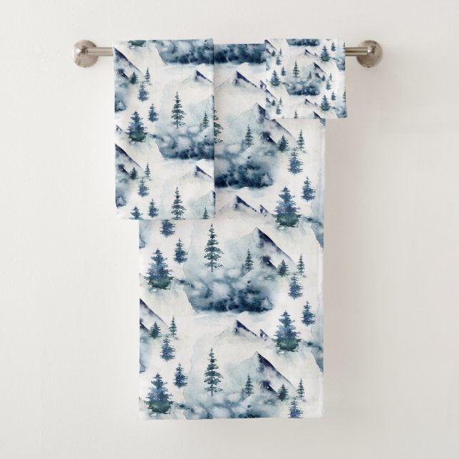 Rustikales Winter Blue Mountain Muster Badhandtuch Set (Insitu)