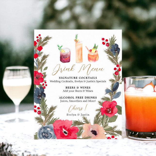 Rustikales Winter Floral Watercolor Wedk Drink Men Poster (Rustic Winter Floral Watercolor Wedding Drink Menu Poster)