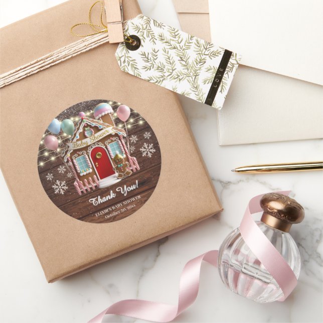Rustikales Winter Gingerbrett Haus Babydusche Runder Aufkleber (Schenken)