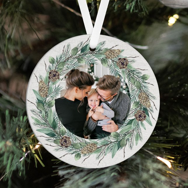Rustikales Winter Greenery Wreath White Wood Foto Ornament Aus Metall (Von Creator hochgeladen)