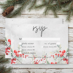 Rustikales Winter Holly & Pine Hochzeitsessen RSVP Karte