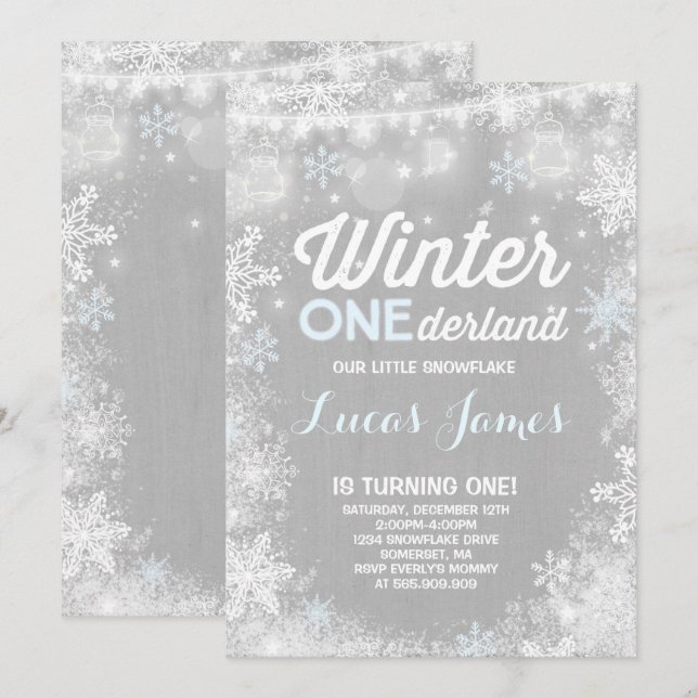 Rustikales Winter ONEderland Geburtstag Einladung  (Vorne/Hinten)