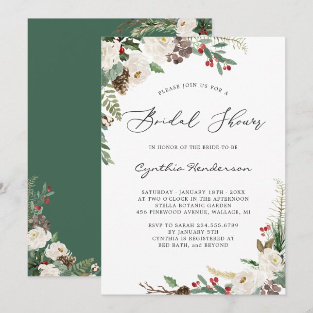 Rustikales Winter Themed Floral Berries Brautparty Einladung (Vorne/Hinten)