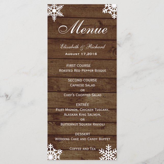 Rustikales Winter Wedding Barn Wood Snowflakes Men Menükarte (Vorderseite)