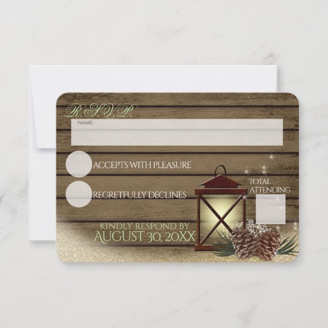 Rustikales Winterholz und Laternenreaktion RSVP Karte (Vorderseite)
