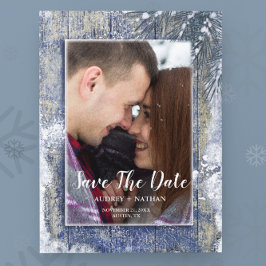 Rustikales Winterschneeballholz-Foto Save the Date Ankündigungspostkarte