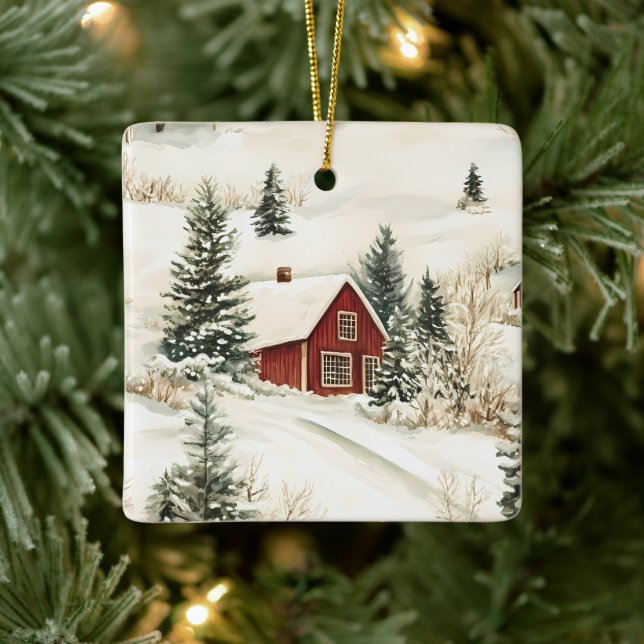 Rustikales Winterwaldhaus Weihnachten Keramikornament (Baum)