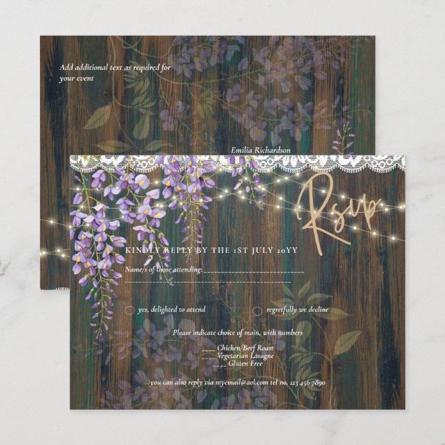 Rustikales Wisteria Wood Lights Wedding RSVP Postkarte (Vorne/Hinten)