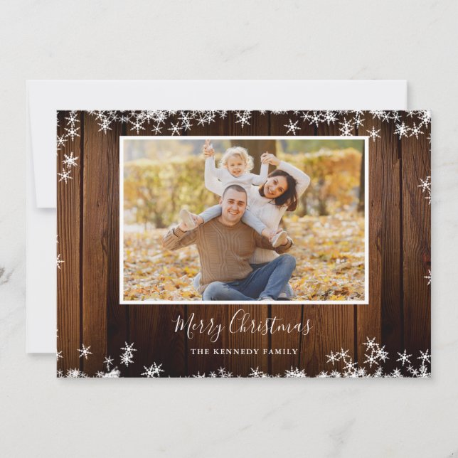 Rustikales Wood 2 Family Foto Frohe Weihnachten (Vorderseite)
