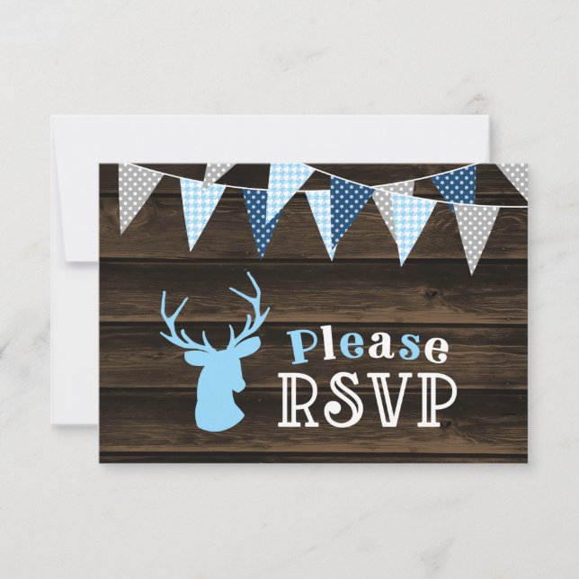 Rustikales Wood Blue Ier Boy Baby Shooter UAWG RSVP Karte (Vorderseite)