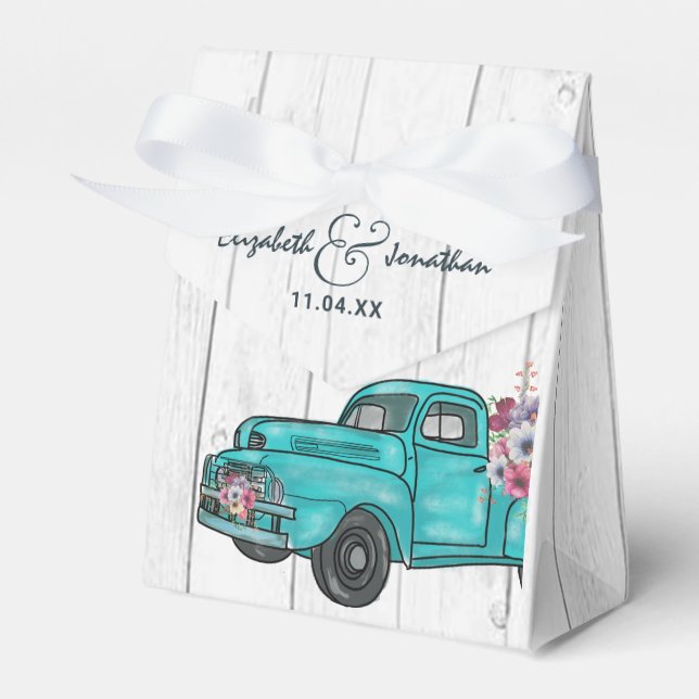 Rustikales Wood Boho Aquamarine LKW Hochzeit Geschenkschachtel (Vorderseite)