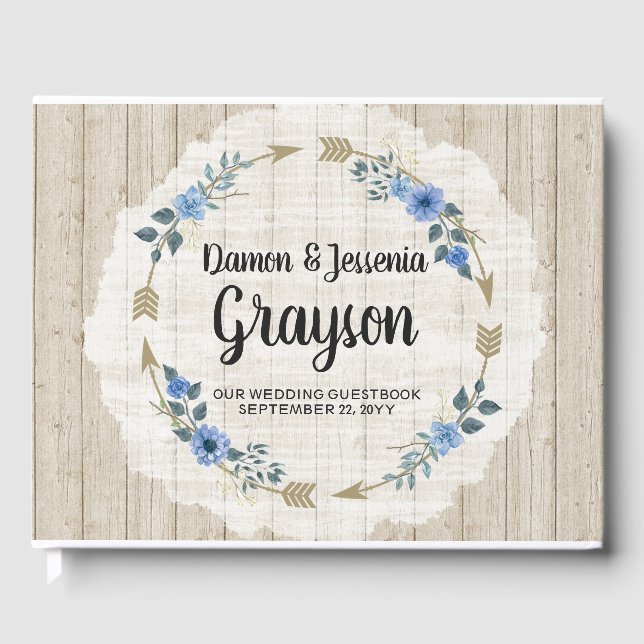 Rustikales Wood Boho Arrows & Blue Floral Wedding Gästebuch (Vorderseite)