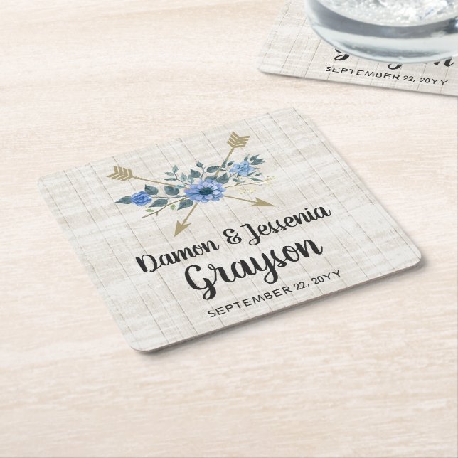Rustikales Wood Boho Arrows & Blue Floral Wedding Rechteckiger Pappuntersetzer (angewinkelt)