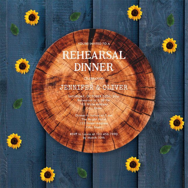 Rustikales Wood Cut Slice Hochzeit Probe Dinner Einladung (Von Creator hochgeladen)