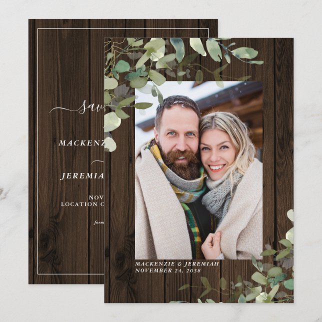 Rustikales Wood Eukalyptus Wedding Foto Save the D Save The Date (Vorne/Hinten)