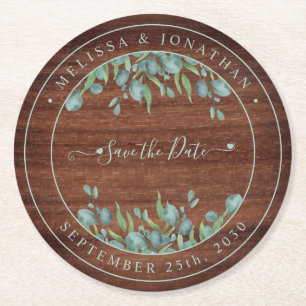Rustikales Wood Eukalyptus Wedding rettet das Datu Runder Pappuntersetzer