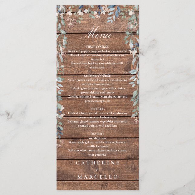 Rustikales Wood Floral Kaskade Monogram Weddner Menükarte (Vorderseite)
