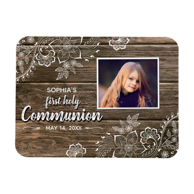 Rustikales Wood Lace First Heilige Kommunion Foto Magnet (Horizontal)