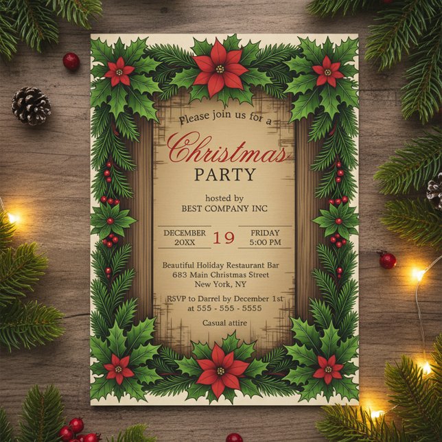 Rustikales Wood Poinsettia Holly Wreath Weihnachte Einladung (Von Creator hochgeladen)